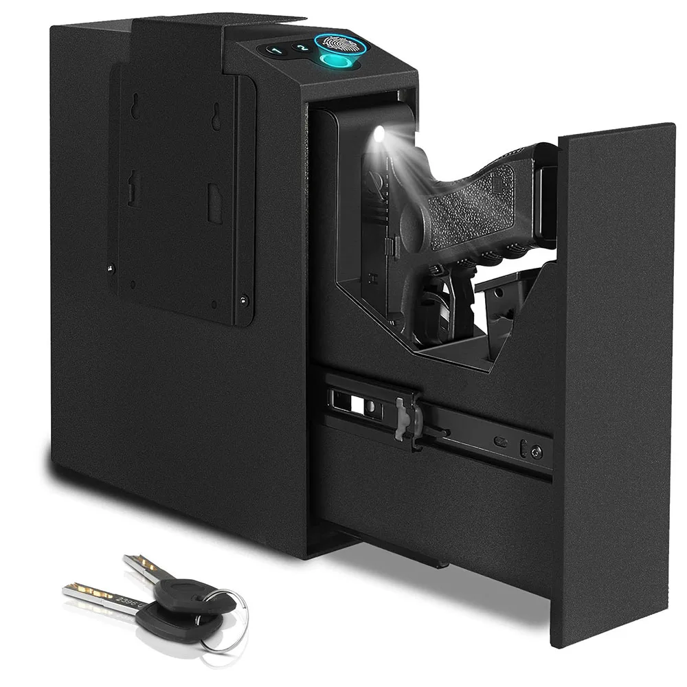 Biométrico Fingerprint Gun Safe Box, parede montado pistola cofres, cofre, luz azul, puxe para fora, 3 em 1