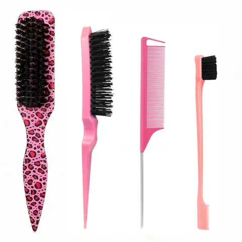 4pcs Bristle Slick Back Hair Brush for Sleek Ponytail Bun & Smoothing Baby Hairs, Flyaways, Edge Control - Backcombing & Teasing