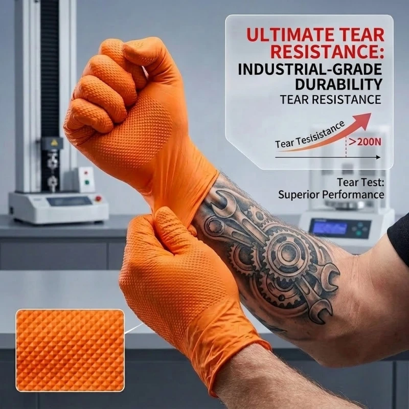 Heavy Duty Orange Nitrile Gloves 8Mil Industrial Disposable Gloves with Diamond Textured Grip for Mechanic Safety & Work Gloves view 2