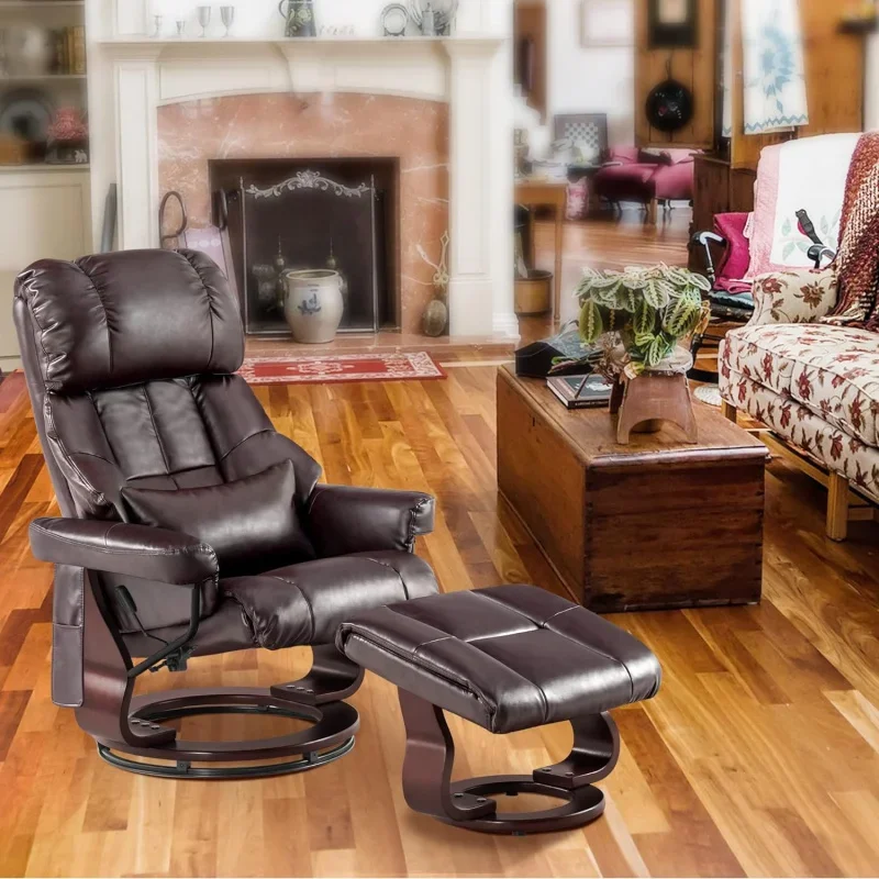 Recliner with Ottoman Reclining Chair with Vibration Massage and Removable Lumbar Pillow, 360 Degree Swivel Wood Base, Faux Leat