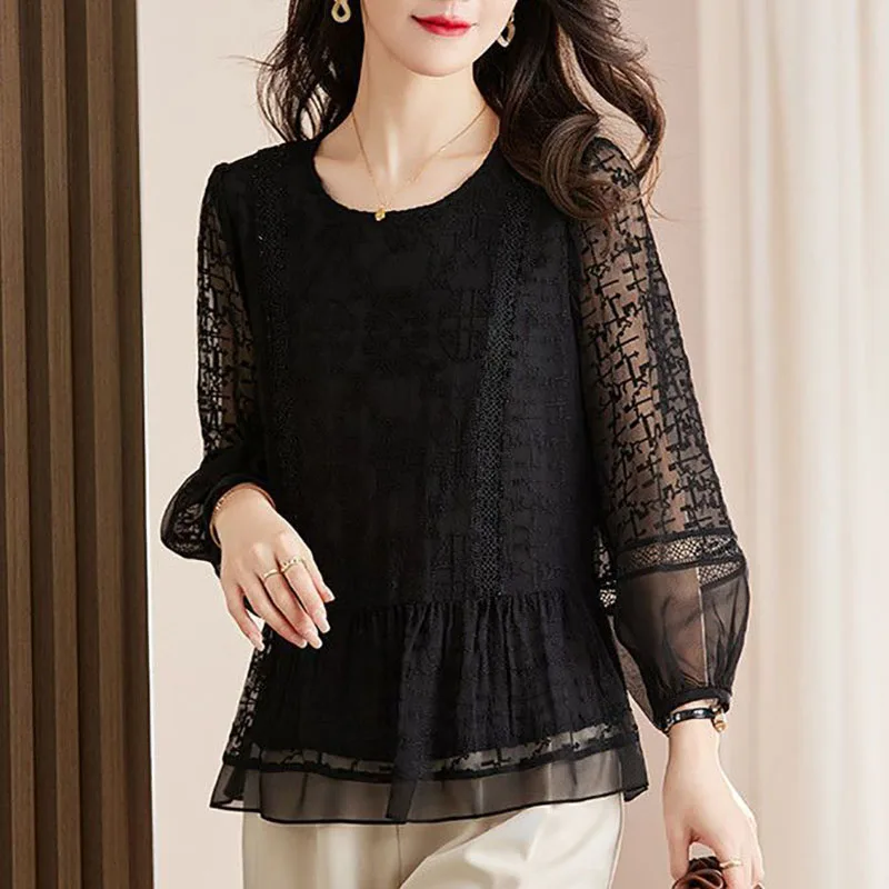 Elegant O-Neck Loose Embroidery Lantern Sleeve Blouse Women\'s Clothing 2023 Autumn New Oversized Casual Tops Office Lady Shirt