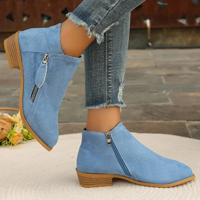 2024 Autumn New Pointed Zip Boots Fashion Women's Ankle Boots Comfort Soft Low Heel Lady Shoes Hot Sale Suede Daily Shoes Botas