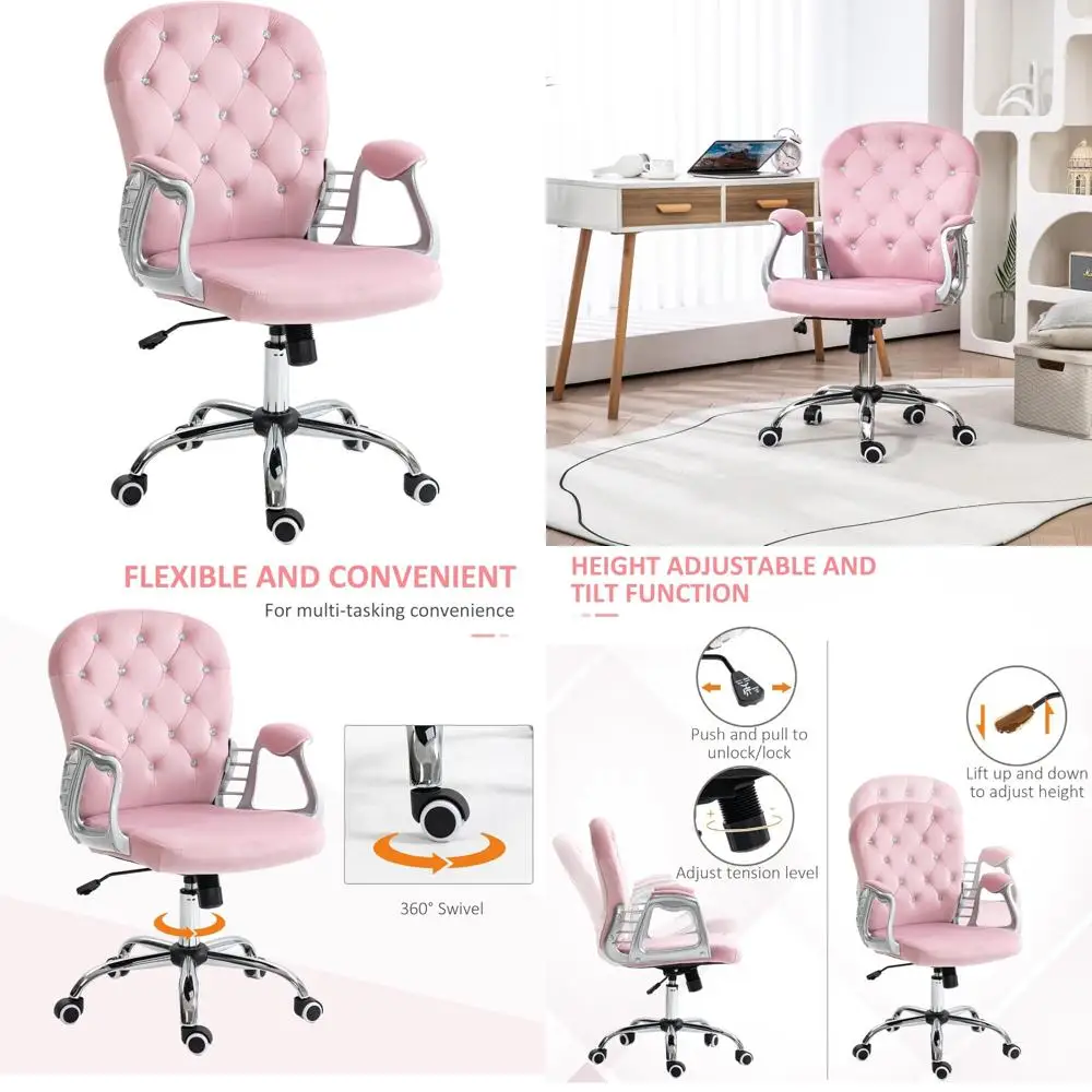 

Button Tufted Home Office Desk Chair with Padded Armrests, Adjustable Height, Swivel Wheels, Pink