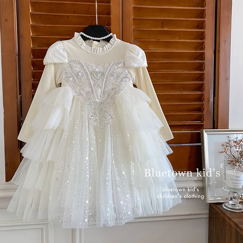 Girls' Autumn Winter New Luxury High-end Birthday Party Performance Flower Girl Fleece Lined Puffy Princess Dress