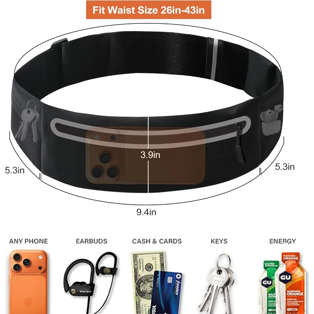 Slim Reflective Running Belt Marathon Waist Bag Ultra Slim Waterproof Light Zero Bounce Safe 7.5" Phone Fit Waists 60-120cm image 3