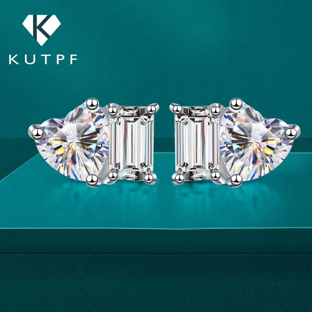 2-stone Heart Emerald Cut Moissanite Stud Earrings D Color Diamond with Certificates 925 Sterling Silver Ear Studs for Women