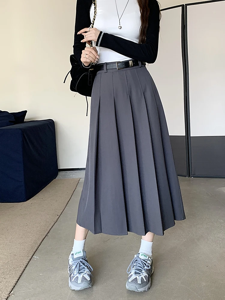 Slimming High Waist A-Line Skirt Suit Women's New Sle plus Size Fat MM Midi Length Pleated f-length Commute Skirt