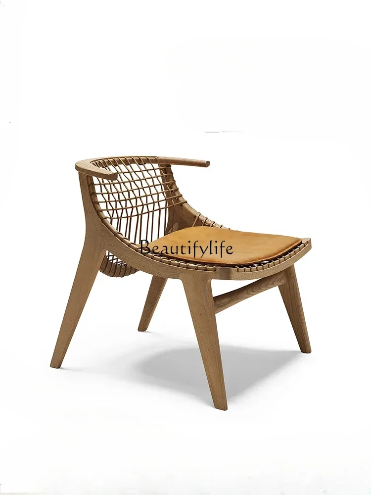 Nordic Solid Wood Home Dining Chair Leisure Chair Vintage Rattan Ox Horn Chair Silent Style Designer Model