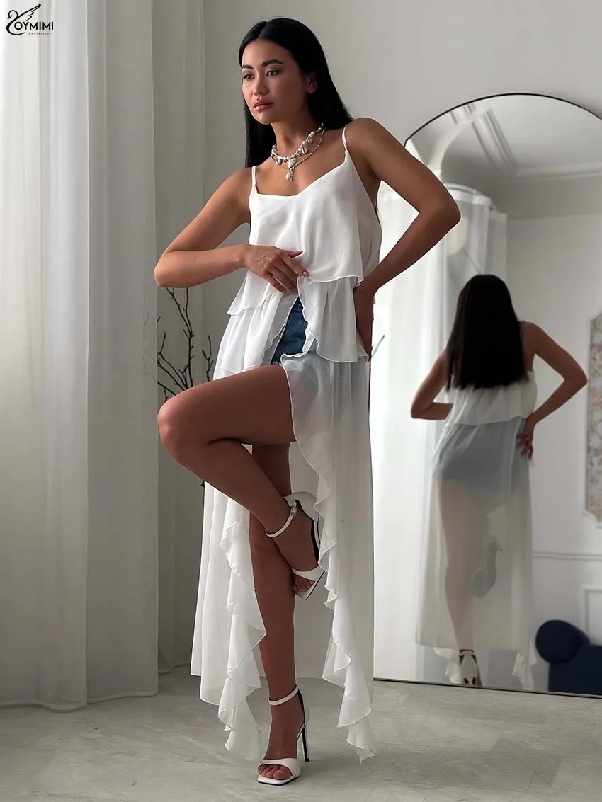 Oymimi Autumn White Loose Women Shirts Fashion Spaghetti Strap Open Back Patchwork Blouses Casual Ruffled Translucent Blouses