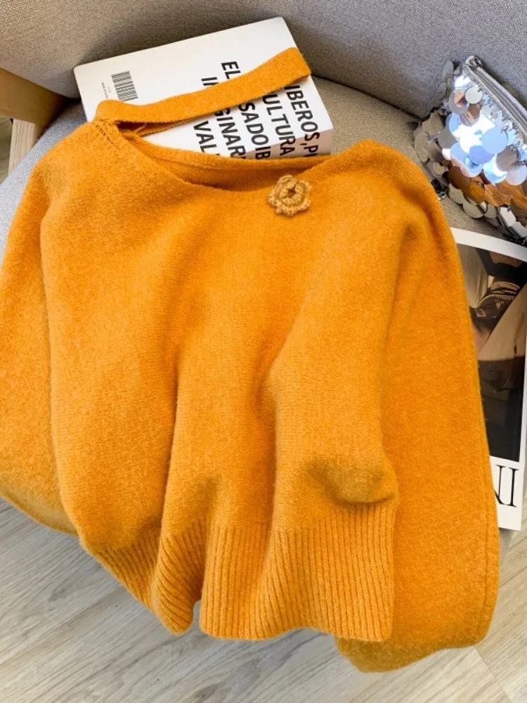 Maglione da donna con design coreano lavorato a maglia con fiori, vestibilità ampia, lungo, con nodo sveglio, ci walk, abbigliamento interno