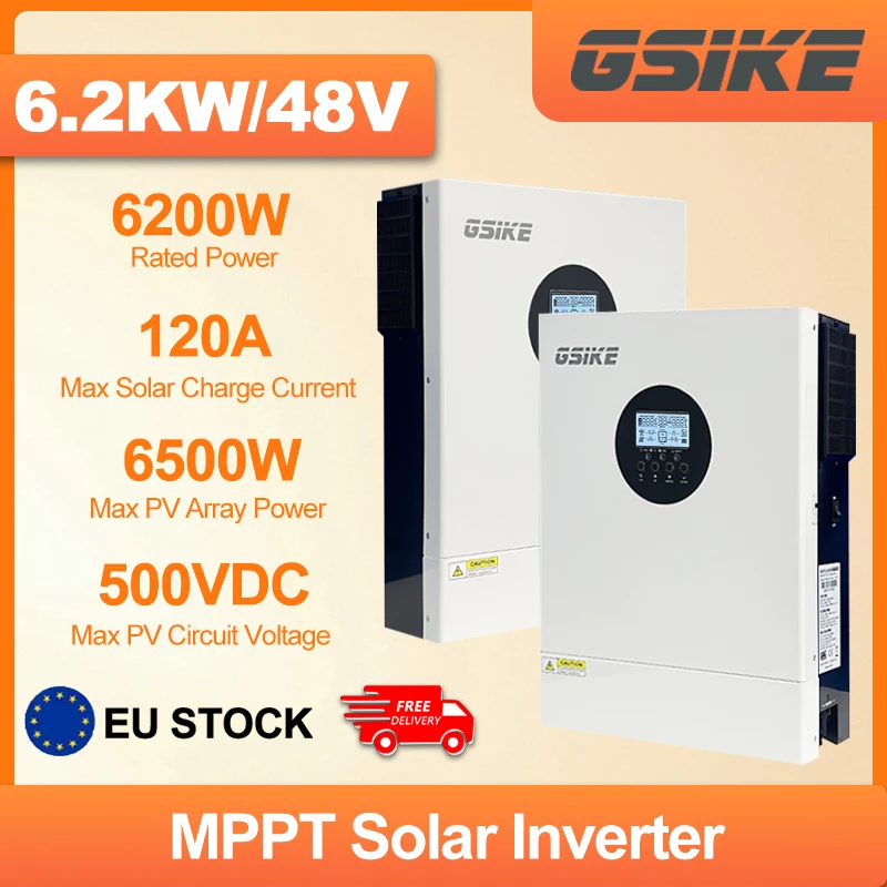 GSIKE Onduleur Solaire Hybride 48V 24V 6.2KW 4KW à Onde Sinusoïdale Pure, Contrôleur Solaire MPPT 160A-80A, Double Sortie PV pour Panneaux 500V avec WIFI, Chargeur Solaire MPPT, Double Entrée PV, En Stock UE