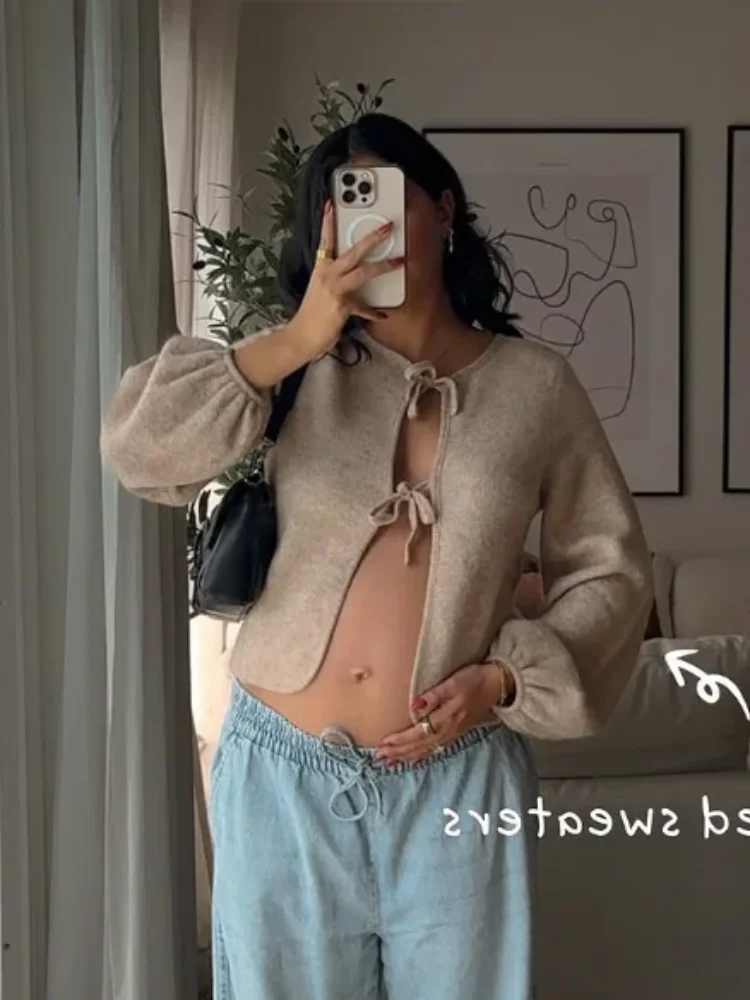 

Модный короткий вязаный кардиган, женский элегантный свитер с круглым вырезом и длинными рукавами на шнуровке, осень 202, женский уличный однотонный трикотаж