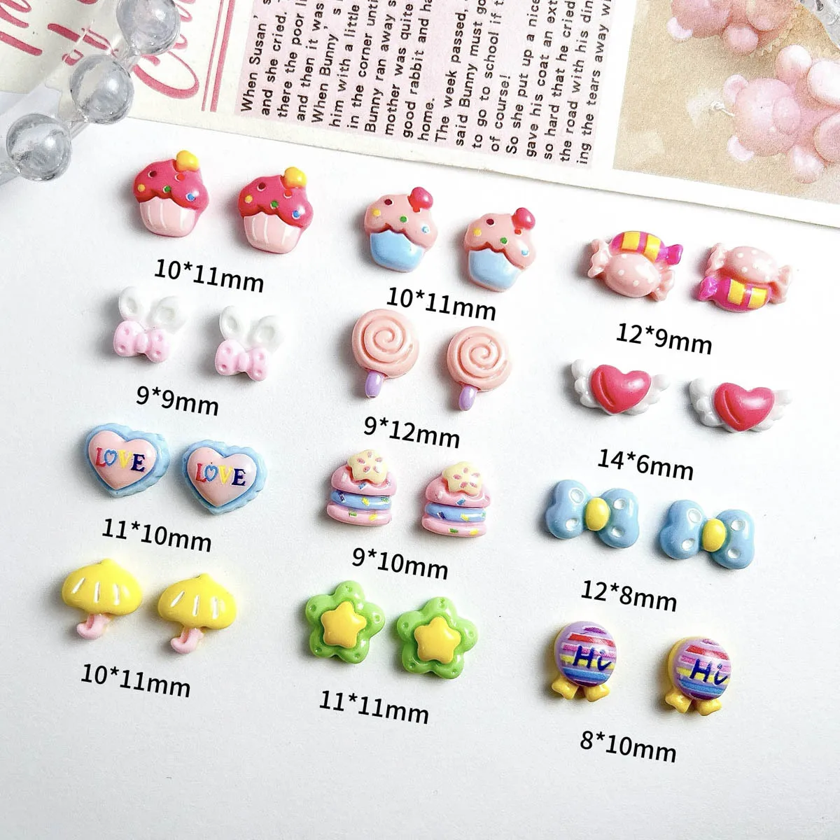 

30PCS Cute Cartoon Candy Cake Series Nail Charms 3D Resin Heart Bow Lollipop Phone Case Hair Clip Manicure DIY Accessories