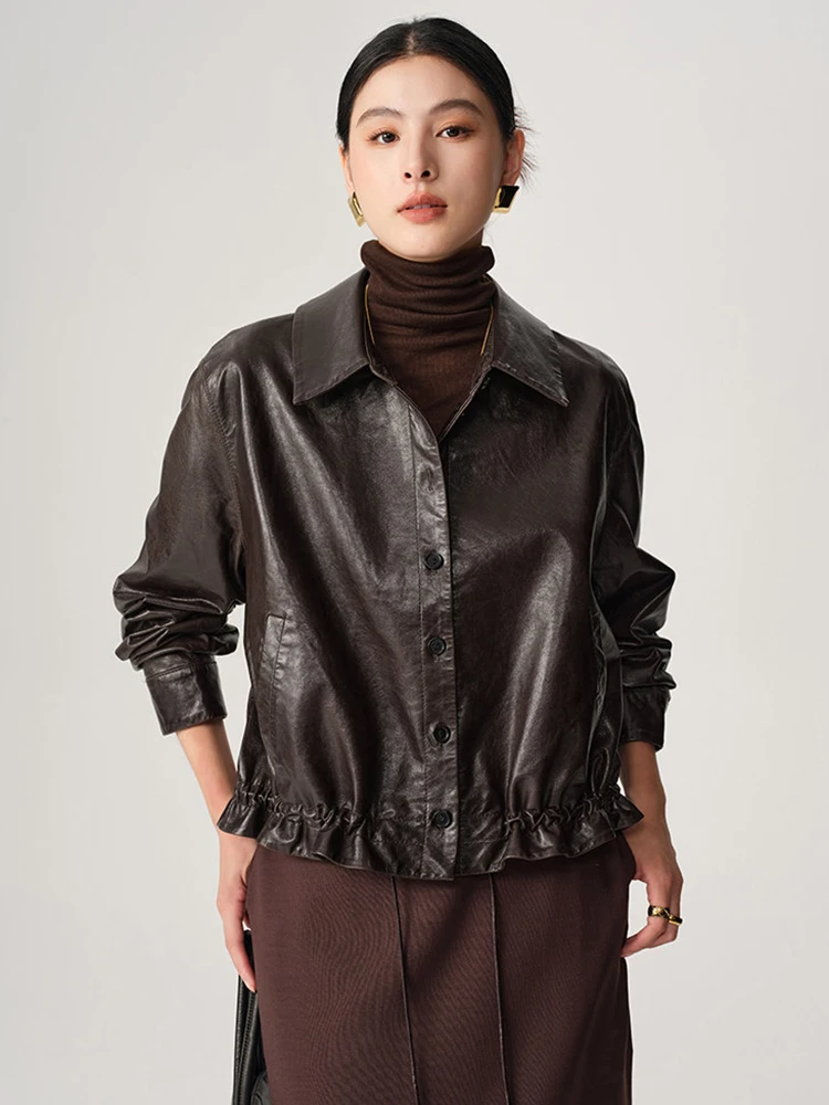 

Vintage Short Genuine Leather Motorcycle Jackets Women Spring Autumn 2026 New High-end Simple Soft Oil Wax Real Sheepskin Coat