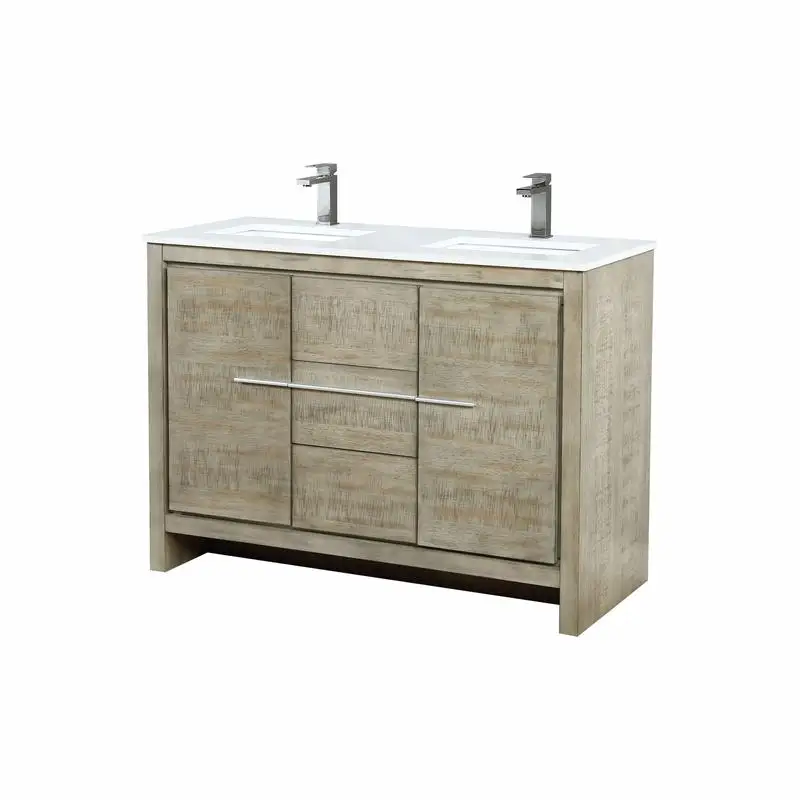 Vanity da bagno doppio rustico in acacia da 48 pollici con profondità 20", piano in marmo coltivato e set di rubinetti in canna di fucile