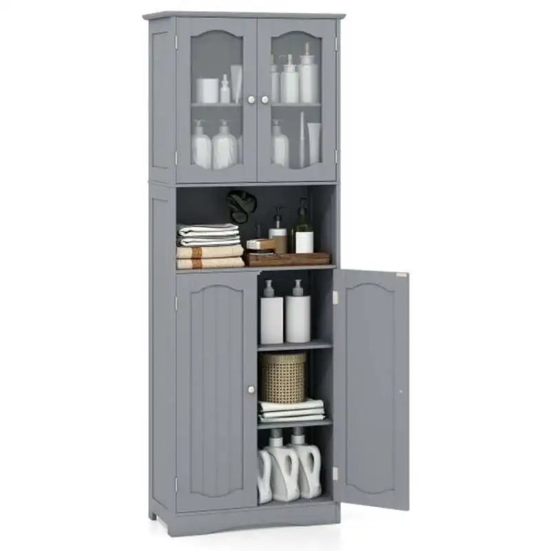 Armoire de rangement avec porte en verre trempé et étagères réglables à 3 positions - Gris