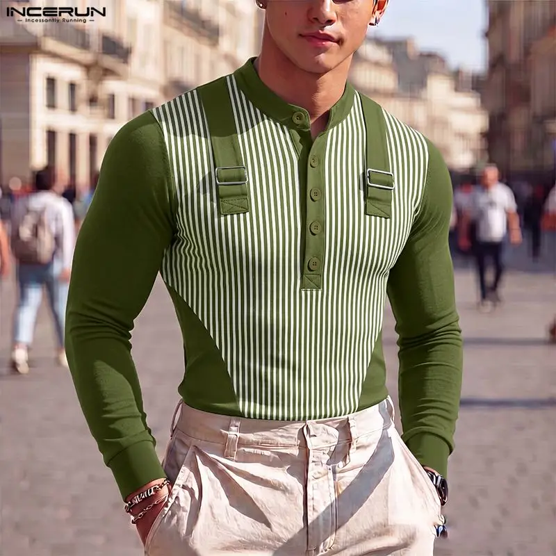 INCERUN Men T Shirt Striped Patchwork Henley Collar Long Sleeve Men Clothes Streetwear Spring Autumn Fashion Tee Tops Camisetas