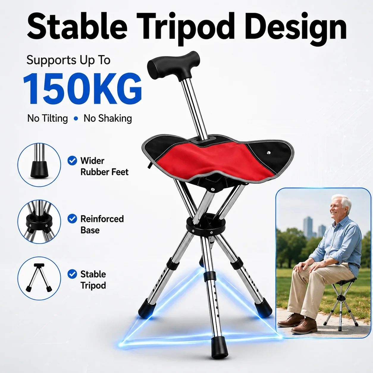 Folding Cane with Seat, Adjustable Height