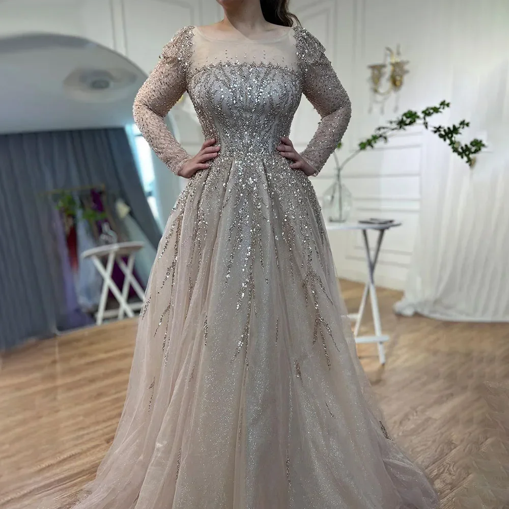 2024 Muslim Pink A Line Square Collar With Sequines Beaded Luxury Dubai Long Evening Dresses Gowns For Woman Wedding Party Dress