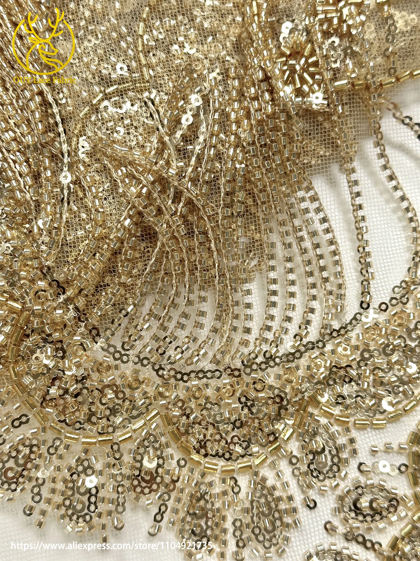 3D Luxuriöser Afrikanischer Handgefertigter Perlen-Spitzenstoff 2026 Französischer Nigerianischer Pailletten-Spitzenstoff für Brautkleider und Hochzeitskleider – Detail 28