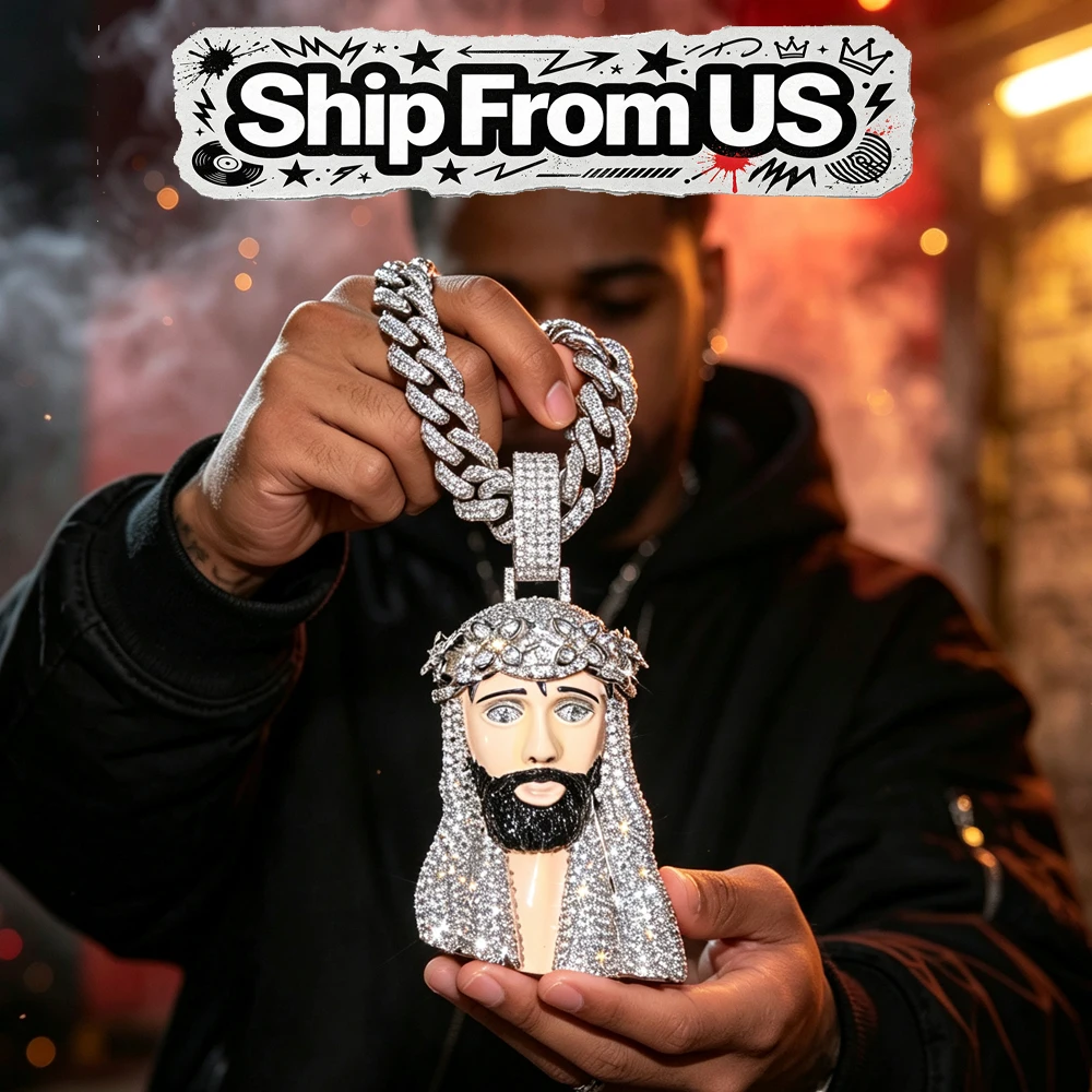 18K Gold Plated Bling Crown Thorns Jesus Head Charm Luxury Rapper Streetwear Fine Jewelry Gifts for Men Boy Friends CZ Covered with Diamonds Iced Out Enamel Jesus Face Pendant Fully Paved Cubic Zirconia Cuban Chain Hip Hop Religious Necklace Accessories