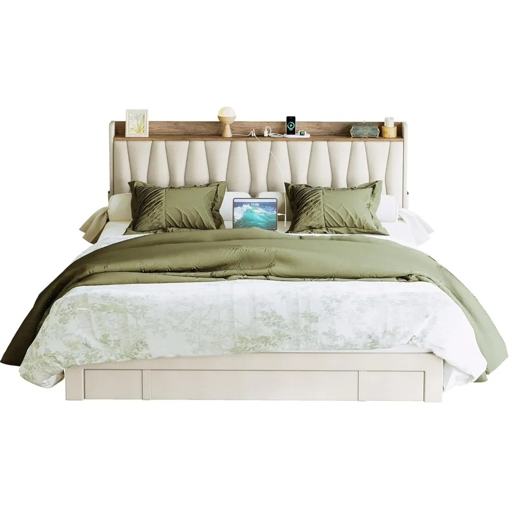 

King Size Bed Frame， with Storage Headboard and Charging Station, No Box Spring Needed, Easy Assembly, Beige