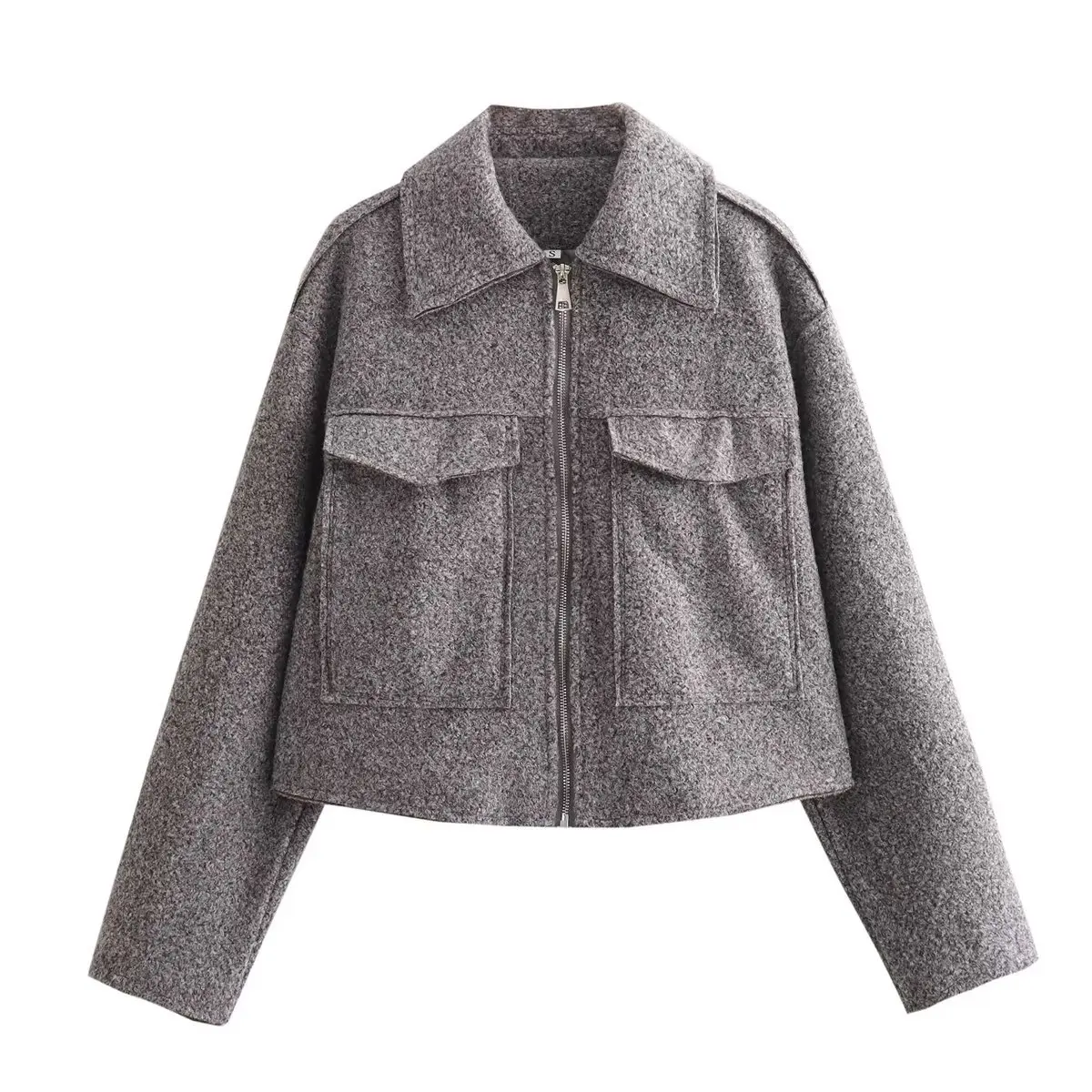 KIDCRKJ ربيع الخريف المرأة معطف الصوف بلون سستة سترة قصيرة للنساء التلبيب 2 جيب السيدات معاطف المرأة بلايز