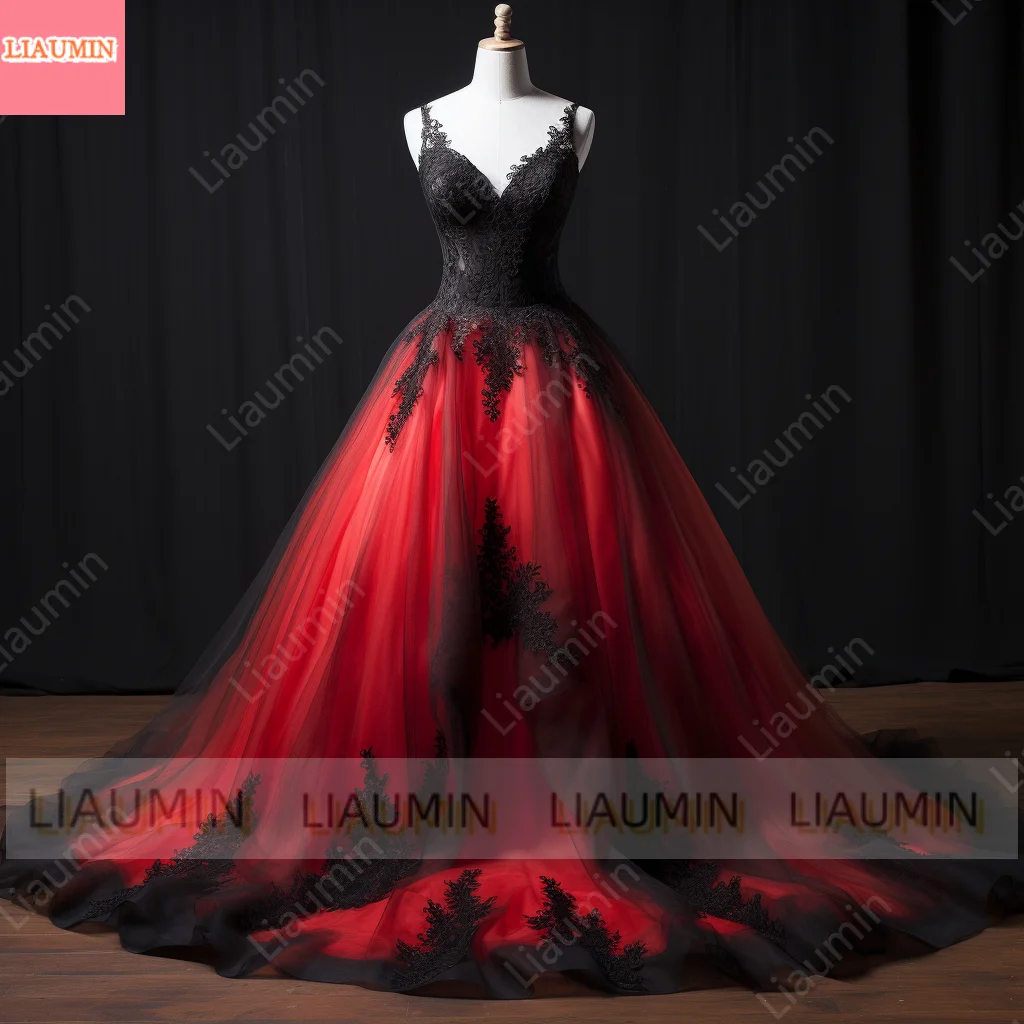 Red Tulle Aand Black Lace Edge Applique Full Length Evening Dress Formal Occasion Women Elagant Clothing Hand Made Custom W3-7