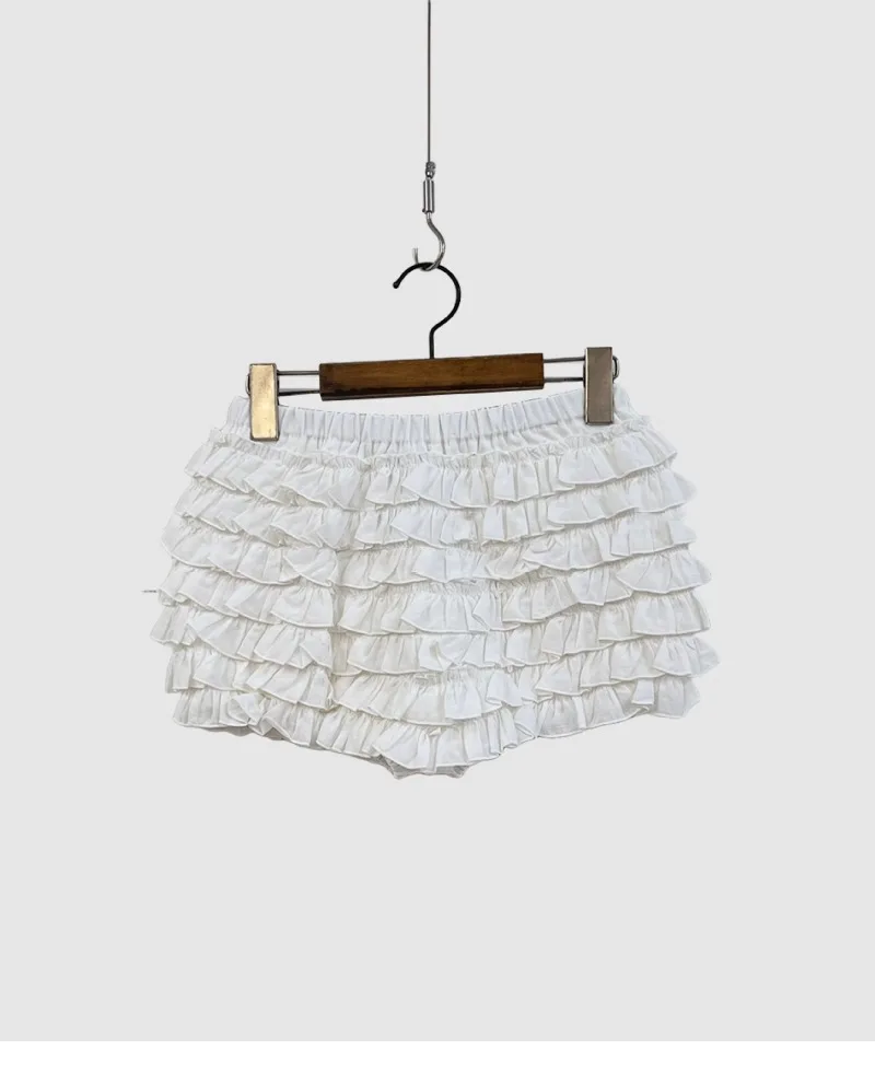 Spodnie damskie na wiosnę i lato 2025, urocze, z odkrytymi nogami, długie spódnico-spodnie typu \"cake\", z koronką w kształcie grzybów i bufiastymi szortami z kwiatowymi pąkami.