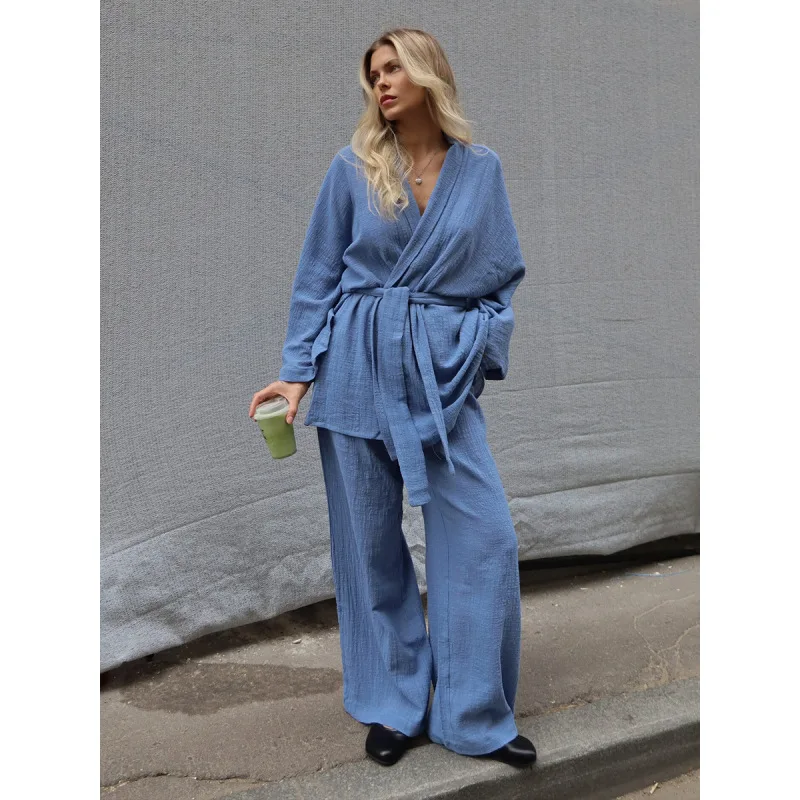 

Женский синий льняной пижамный комплект-кимоно, новинка весны 202, топ с запахом большого размера + широкие брюки, повседневная одежда для дома, состоящая из двух предметов