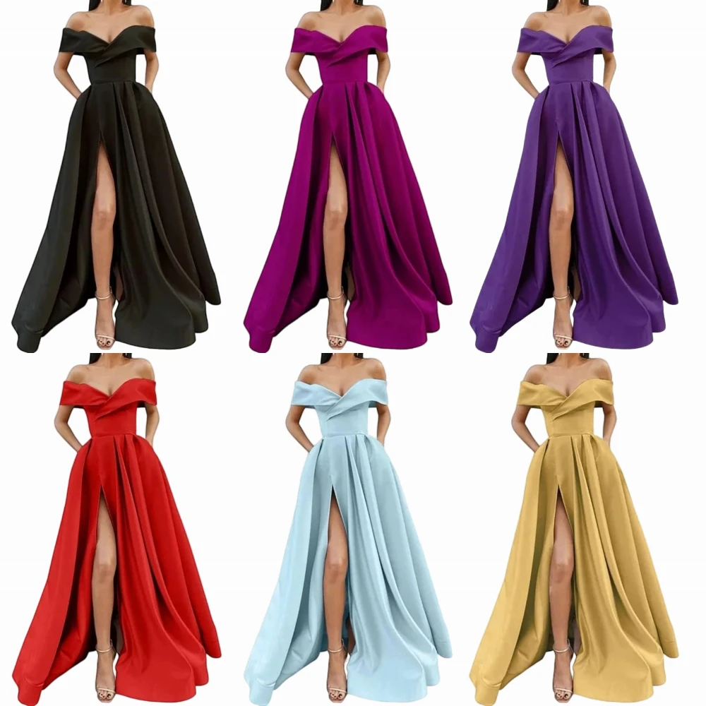 

Quinceanera Dress Off the Shoulder Emerald Green Satin Long Prom Dresses with Leg Slit V-neck Floor Length Evening Gowns