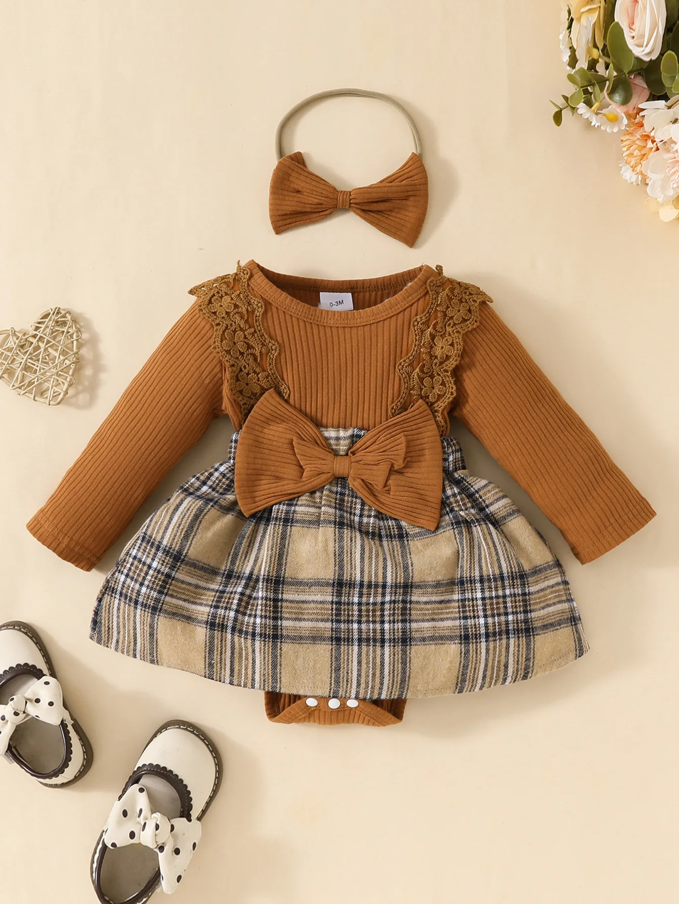 Baby Gilrs Long Sleeve Autumn/Winter Plaid With Bow Honey Jumpsuit For Newborn-18M Vacation Wear +Headband