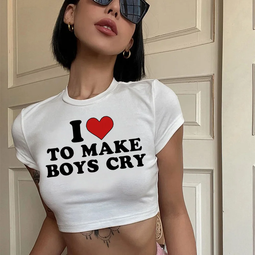 i love to make boys cry graphic cyber y2k vintage crop top Female hippie cyber y2k korean fashion crop top clothing