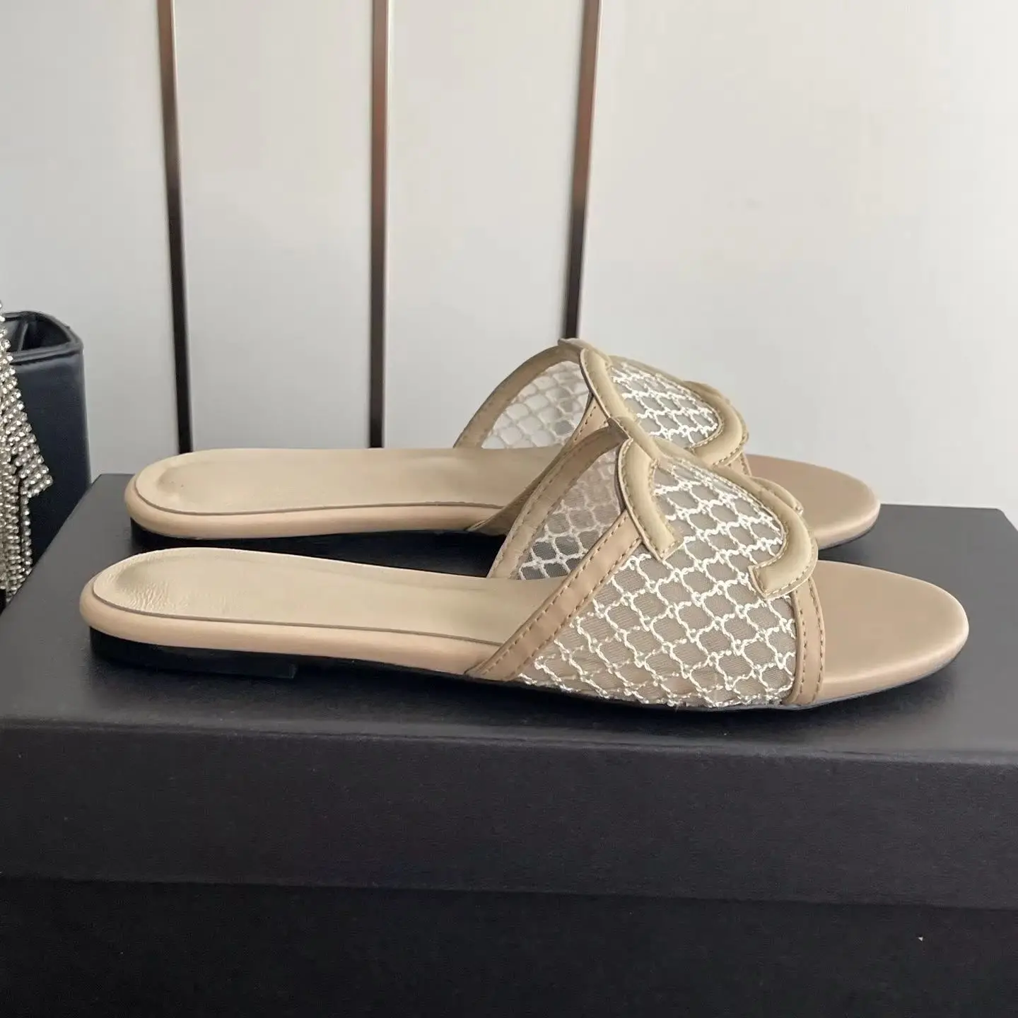 Nude Mesh Flat Slide Sandals Women Hollow Weave Summer Slippers