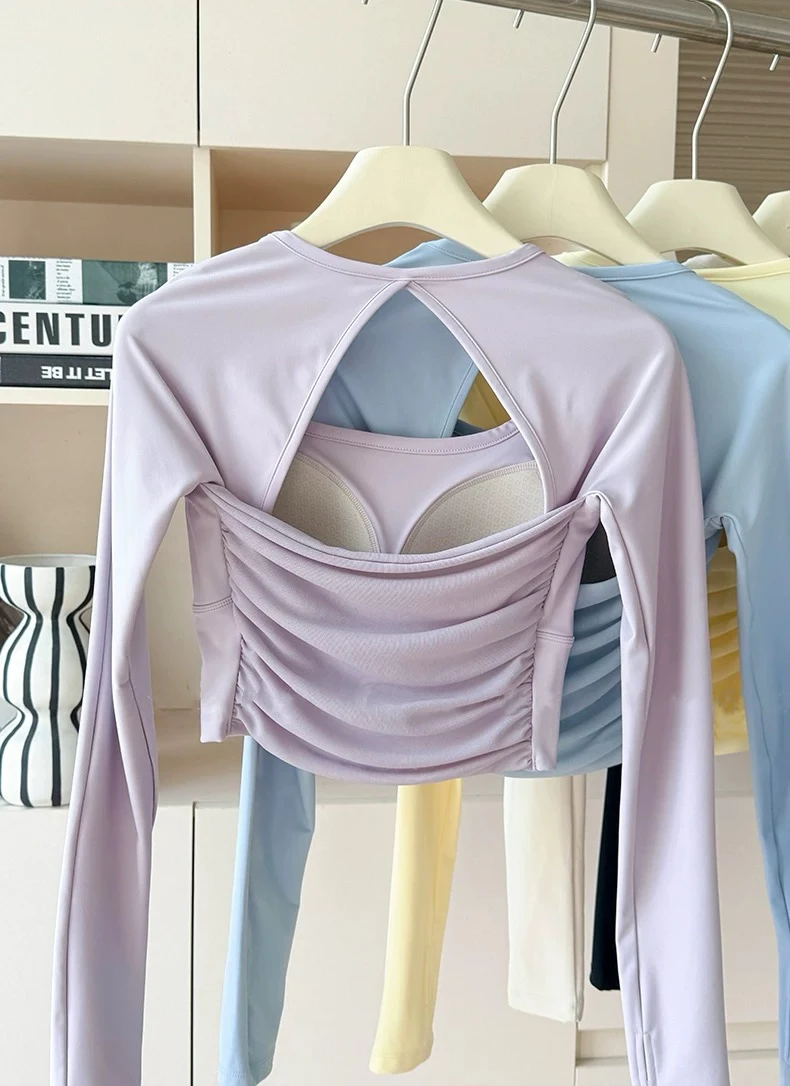 Langarm-Sporttop für Damen mit Brustpolstern, Yoga-Bekleidung, Fitnesskleidung für Pilates-Training, Laufbekleidung – Detail 10