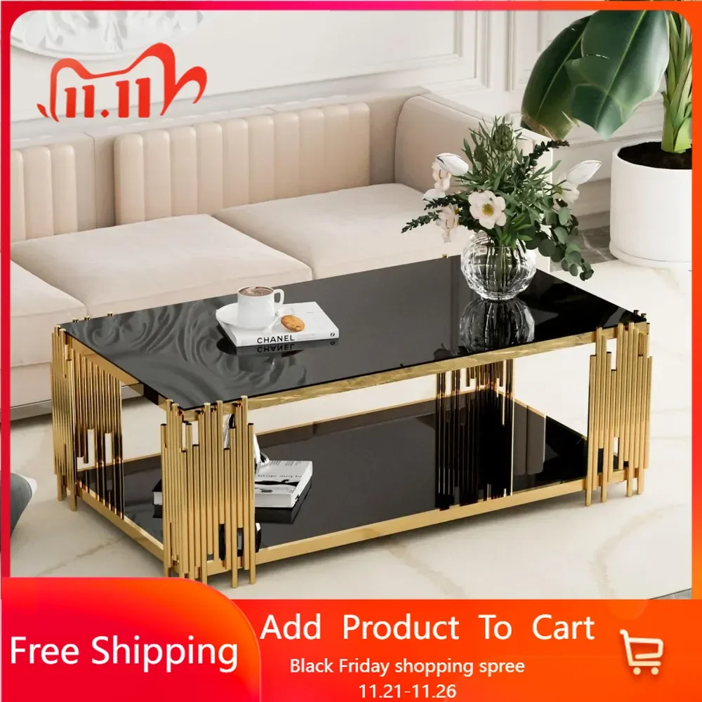 Mesa de centro Mesa moderna para sala de estar Mesa central de vidrio templado rectangular con patas de metal de acero inoxidable dorado para oficina en casa