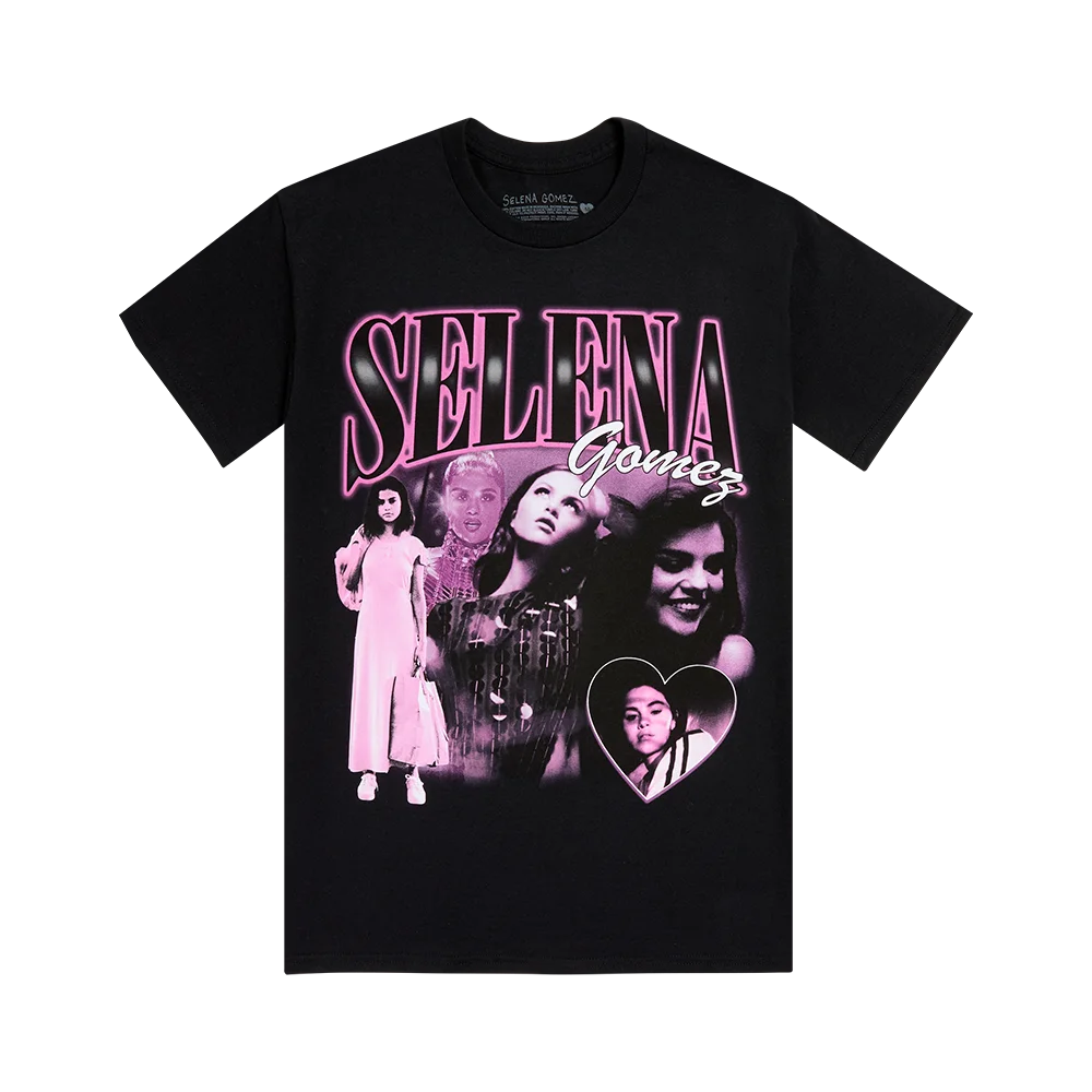 셀레나의 레트로 패션 포커스 |   셀레나 하트 모양 헤드 티셔츠 아메리칸 스트리트 스타일 블랙 반팔 눈길을 사로잡는 스타일