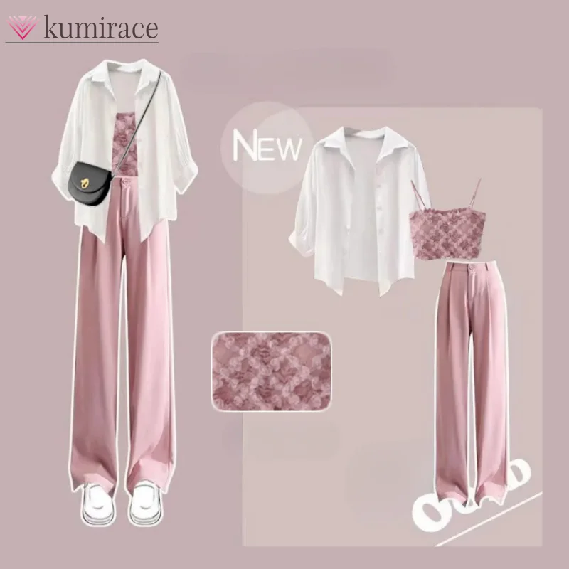 

Summer Outfit Set 2024 New Sunscreen Stylish Shirt Top Slimming and Versatile Casual Pants Three Piece Set for Woman Pant Sets