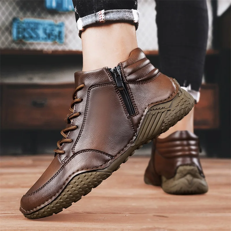 

2024 shock-absorbing casual fashionable leather boots, comfortable casual walking ankle boots, retro style men's hiking shoes