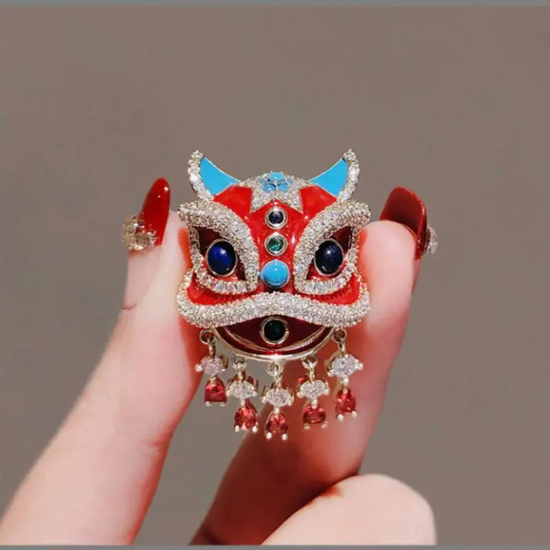 

Cz chinese red lion premium accessories enamel painted brooch corsage festive hair accessories