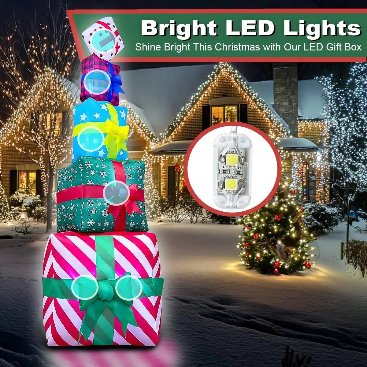 2.4m Christmas Inflatable Gift Boxes Decorations Built-in LED Lights Blow Up Xmas Decor for Holiday Indoor Outdoor Yard Lawn