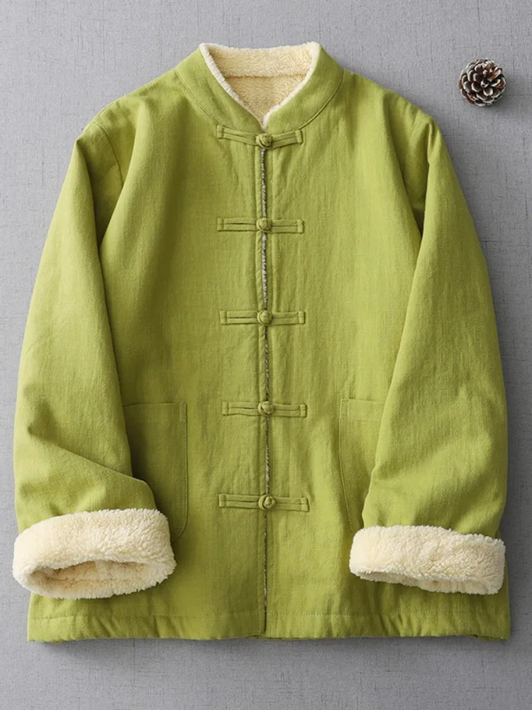 Thickened Cotton Padded Jacket Women's Winter Coat Stand Collar Lamb Fur Inner Cotton Linen Tang Costume Warm Tea Service Out...
