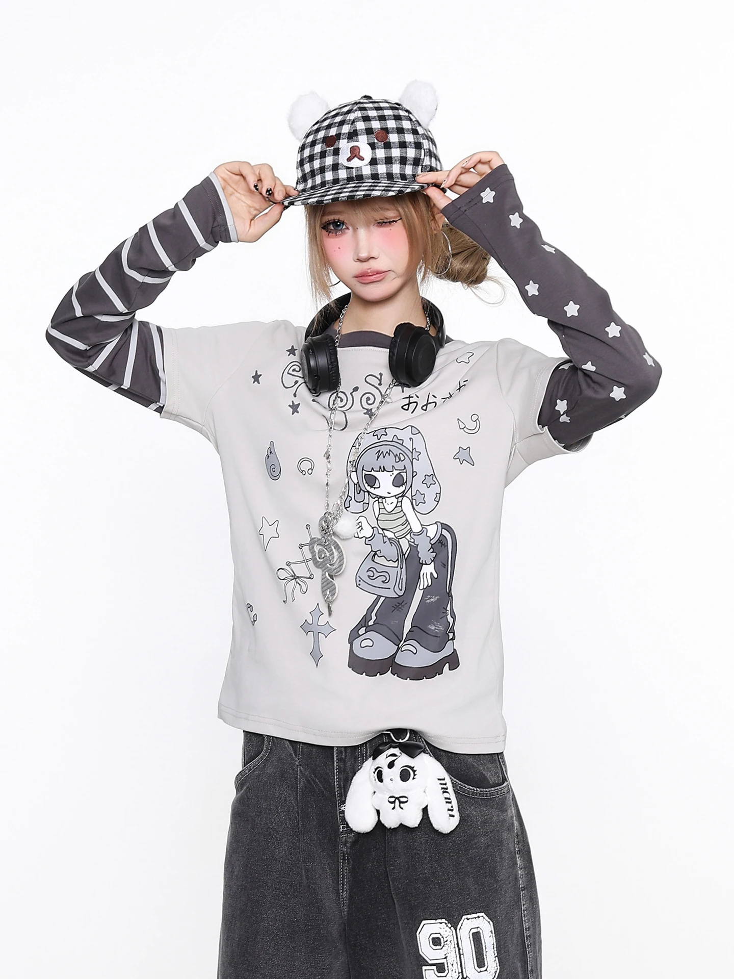 Orange Jam YO Cute Retro Cartoon Pattern Fake Two-Piece T-Shirt for Women Slimming Versatile Casual Long Sleeve Top