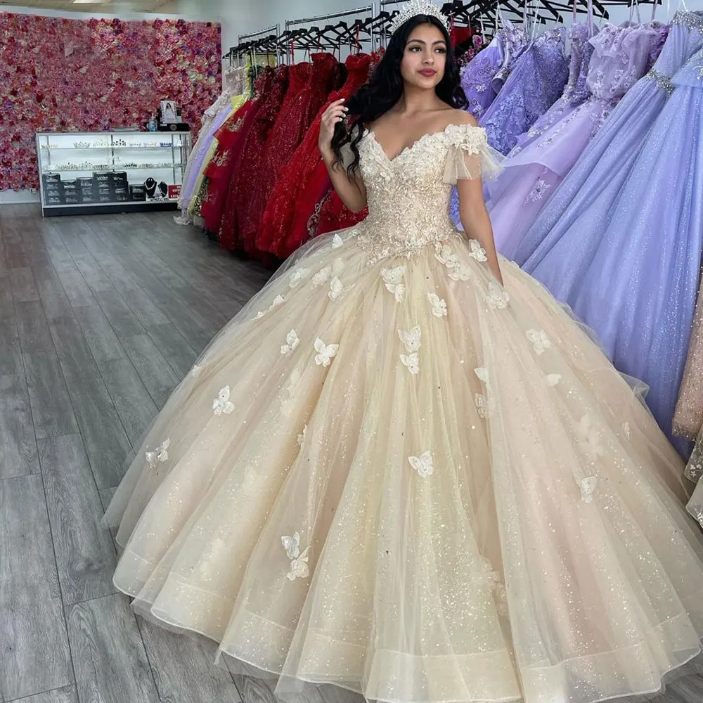 Champagne Gold Quinceanera Dress 2024 Sparkling V Neck Butterfly Ball Gown Sweet 16 Dress Sequin Tulle Vestido De XV Anos Party