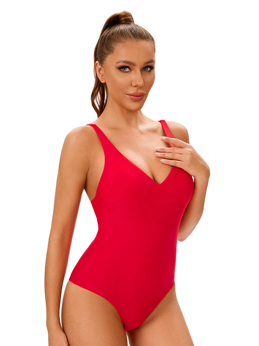 Bikini deportivo de Color sólido, traje de baño conservador de una pieza con cuello en V, tirantes, Espalda descubierta, Monokini ajustado, traje de baño, novedad de 2025