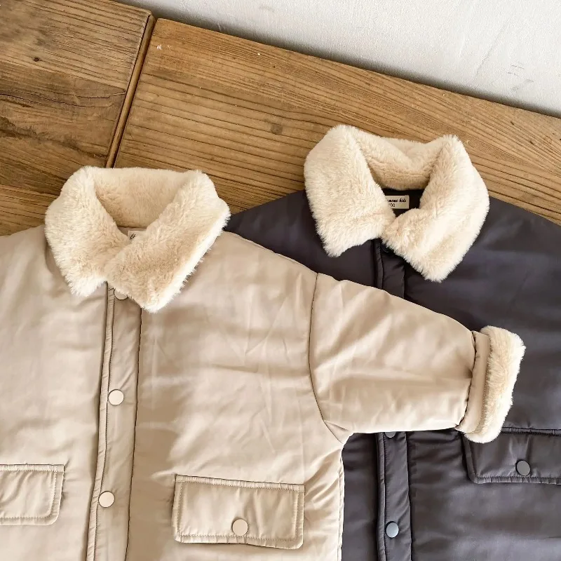 

Korean Style New Winter Children Cotton Padded Coats Solid Color Thicken Warm Parkas Imitation Rabbit Hair Kids Long Outerwear