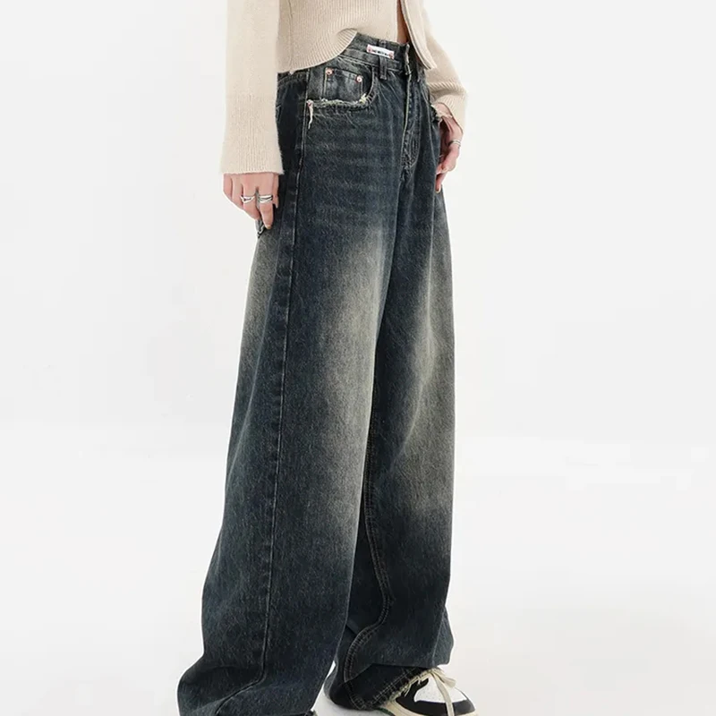 Street Wear Retro Fashion Autumn Women High Waist Jeans Loose Wide Leg Straight Loose Denim Trousers Baggy Pants