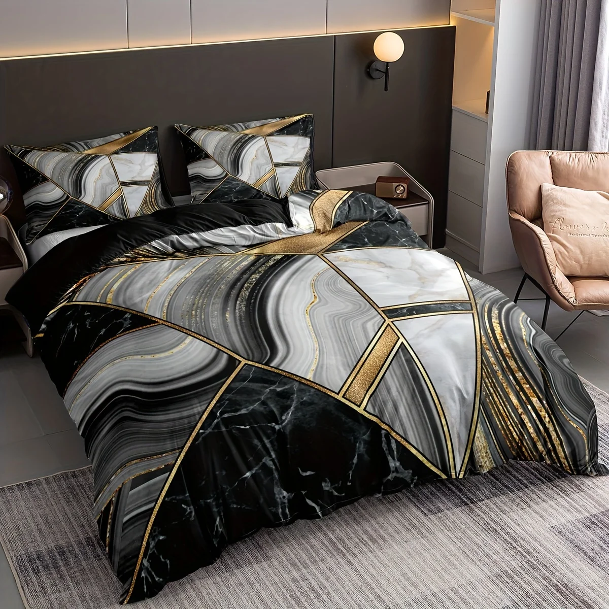 

Soft and Comfortable Bronzing Marble Duvet Cover Set with Stitching Print for Bedroom-Includes 1 Duvet Cover and 2 Pillowcases