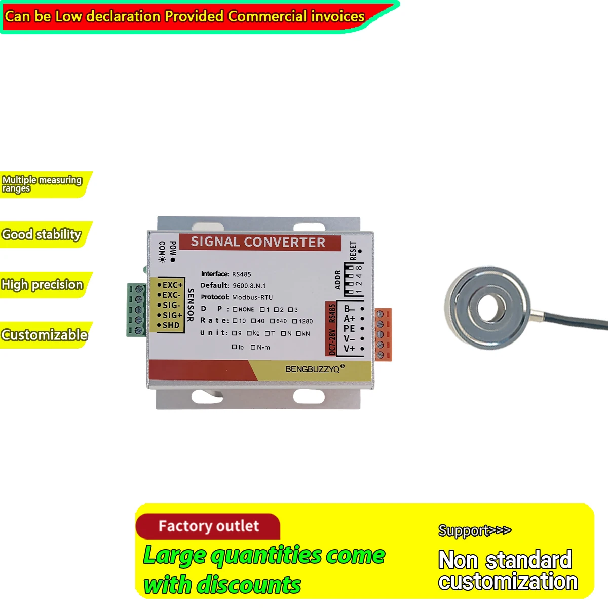 

Thru-hole Load Cell and Signal Converter Kit 50kg-5t Stainless Steel Donut Pressure Sensor with RS485 Modbus Interface