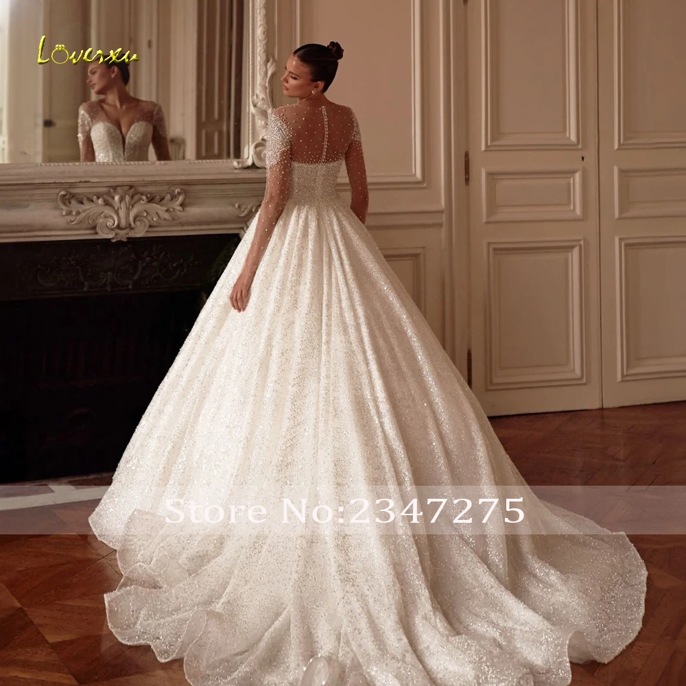 Loverxu Ball Gown Luxury Wedding Dresses Sweetheart Long Sleeve Vestido De Novia Lace Embroidery Shiny Custom Made Bridal Gown